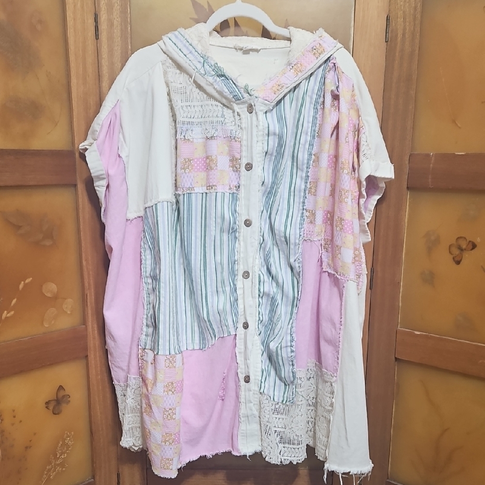 Boho Cottagecore Patchwork Button Down Distressed… - image 1